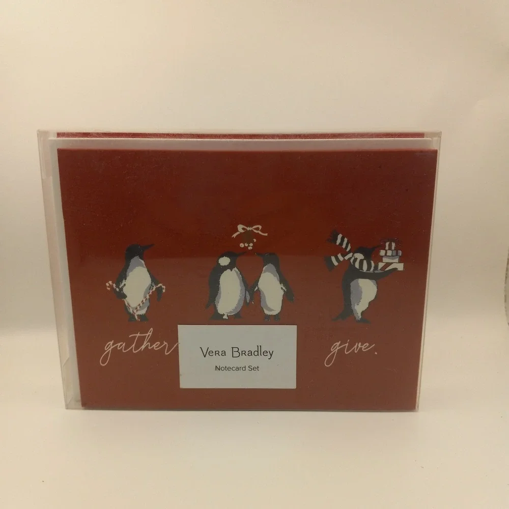 Vera Bradley Playful Penguins Red Notecard Set 10 Ct Holiday Stationery 229294